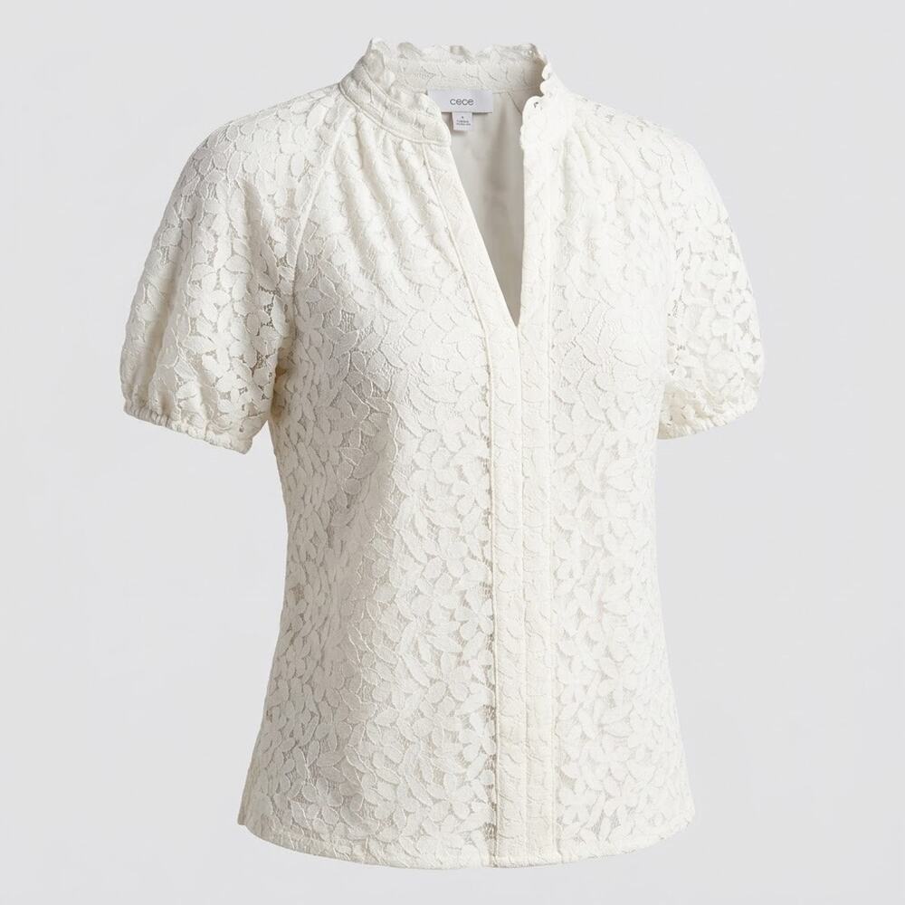 CeCe White Floral Lace Blouse Small Short Puff Sleeve Ruffle Neck Split V Top